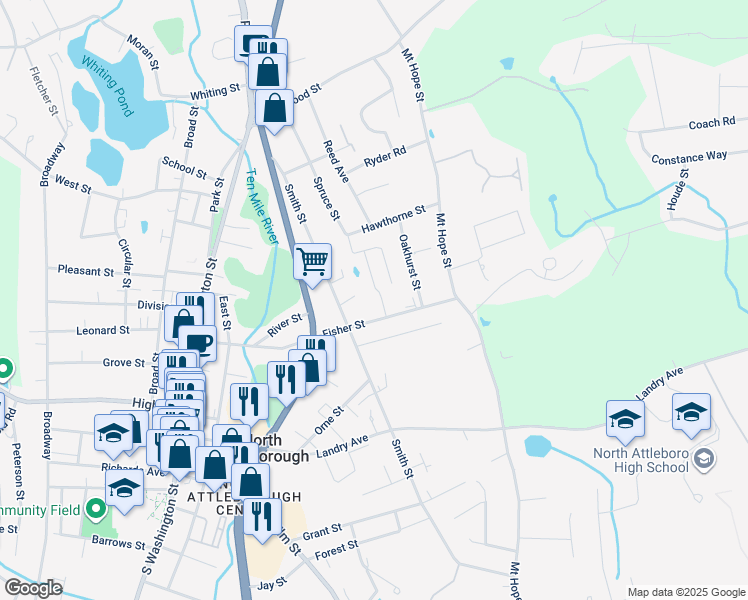 map of restaurants, bars, coffee shops, grocery stores, and more near 16 Ba Drive in North Attleborough