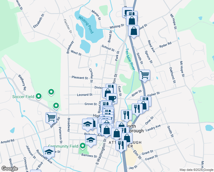 map of restaurants, bars, coffee shops, grocery stores, and more near 2 Dean Court in North Attleborough