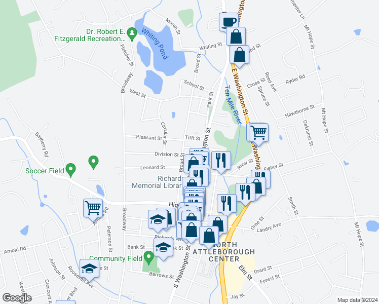 map of restaurants, bars, coffee shops, grocery stores, and more near 2 Dean Court in North Attleborough