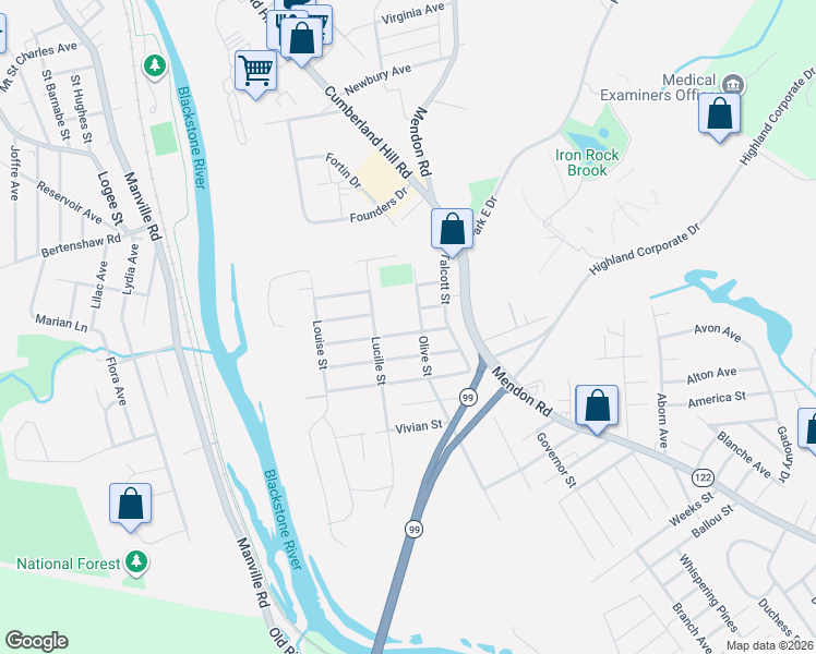 map of restaurants, bars, coffee shops, grocery stores, and more near 109 Olive Street in Woonsocket