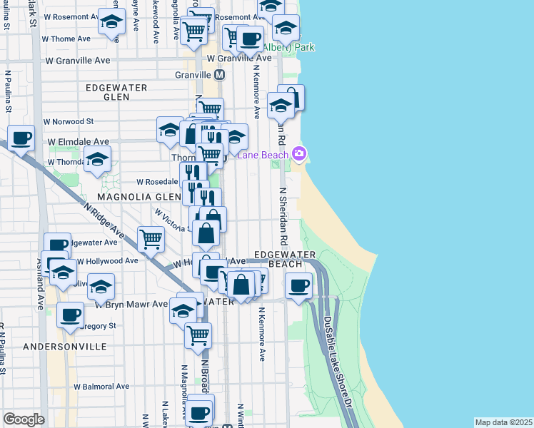 map of restaurants, bars, coffee shops, grocery stores, and more near 5822 North Kenmore Avenue in Chicago