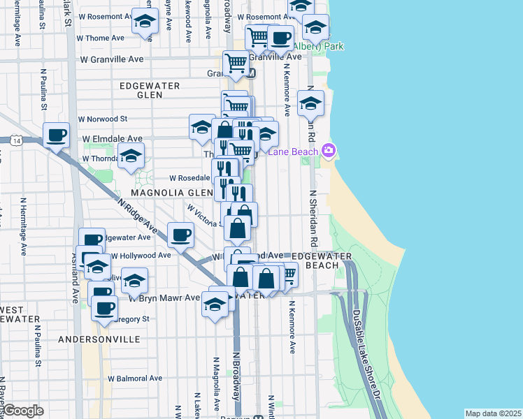map of restaurants, bars, coffee shops, grocery stores, and more near 5822 North Winthrop Avenue in Chicago