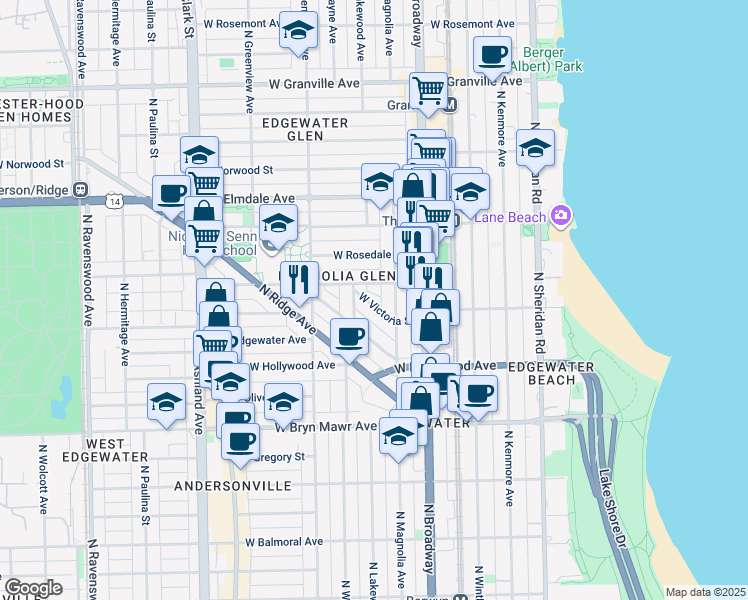 map of restaurants, bars, coffee shops, grocery stores, and more near in Chicago