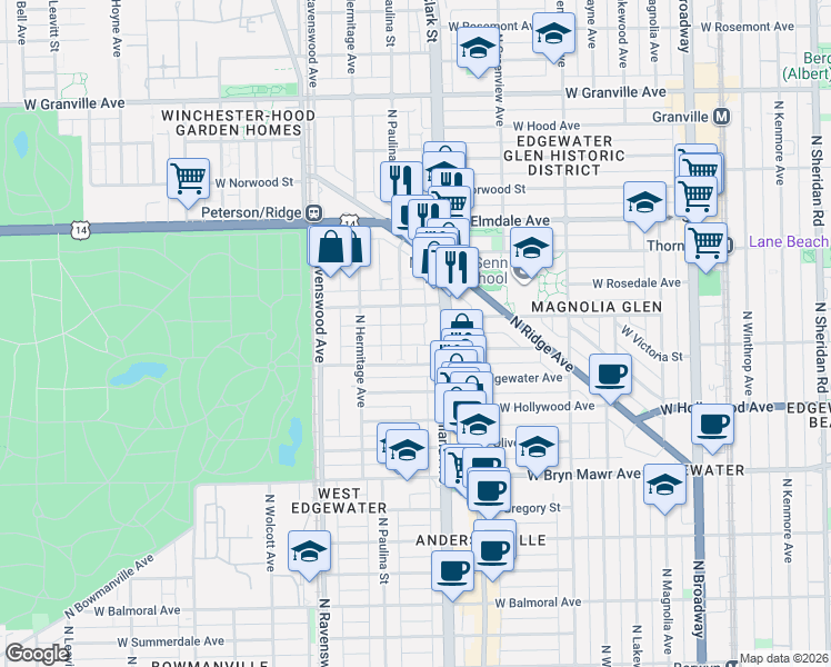 map of restaurants, bars, coffee shops, grocery stores, and more near 1617 West Thorndale Avenue in Chicago