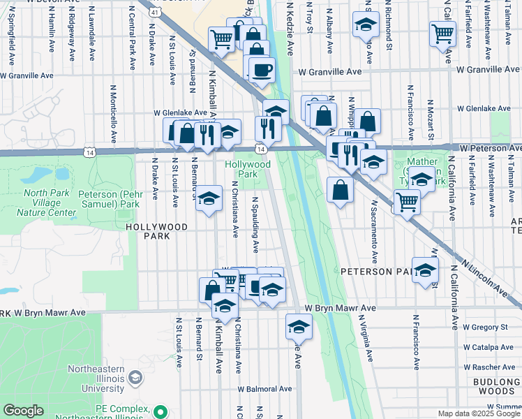 map of restaurants, bars, coffee shops, grocery stores, and more near 5843 North Spaulding Avenue in Chicago