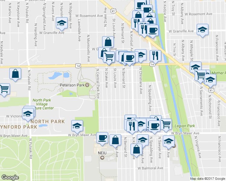 map of restaurants, bars, coffee shops, grocery stores, and more near 5853 North Drake Avenue in Chicago