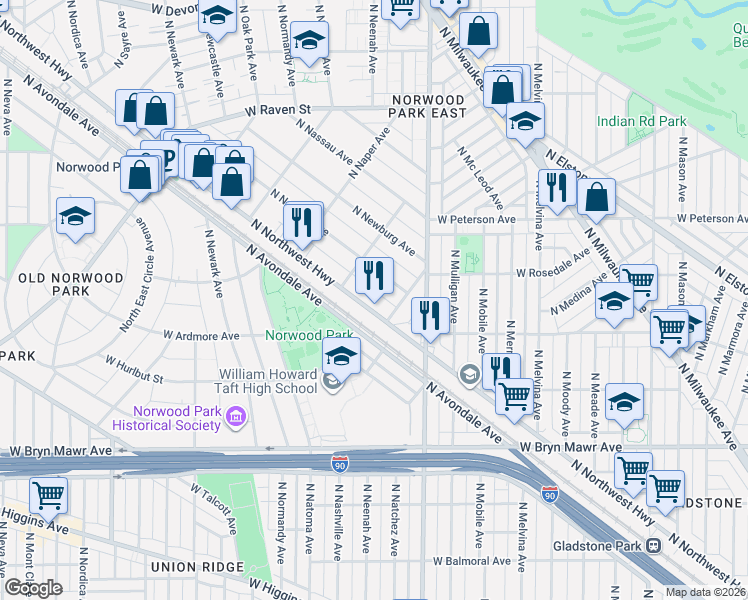 map of restaurants, bars, coffee shops, grocery stores, and more near 5835 North Northwest Highway in Chicago