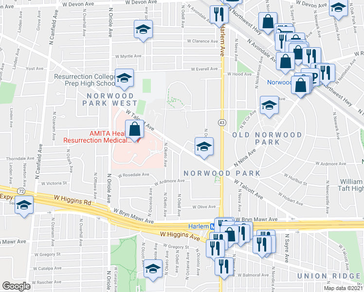 map of restaurants, bars, coffee shops, grocery stores, and more near 5920 North Odell Avenue in Chicago