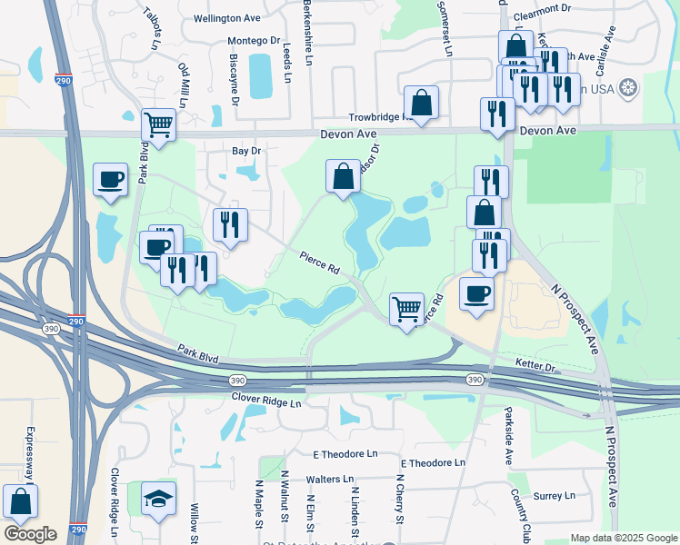 map of restaurants, bars, coffee shops, grocery stores, and more near 275 Pierce Road in Itasca