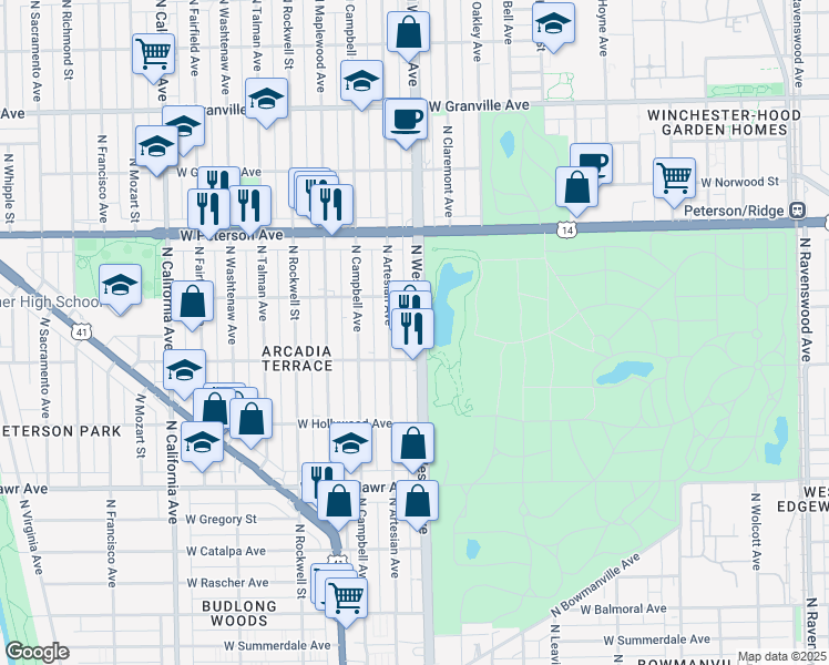 map of restaurants, bars, coffee shops, grocery stores, and more near 5822 North Western Avenue in Chicago