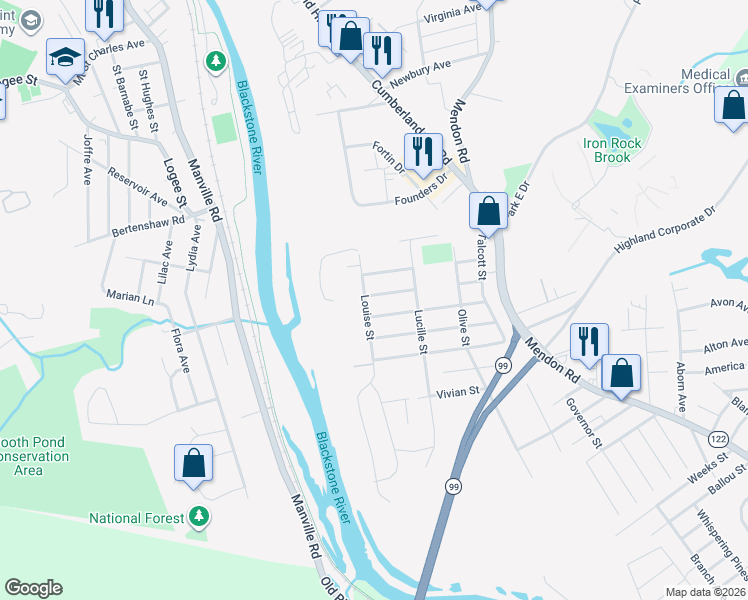 map of restaurants, bars, coffee shops, grocery stores, and more near 243 Fisher Street in Woonsocket