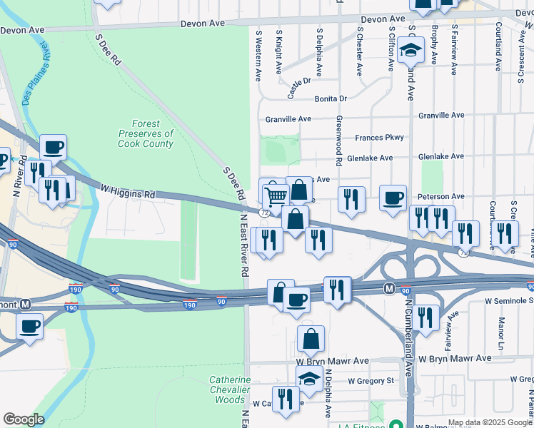 map of restaurants, bars, coffee shops, grocery stores, and more near 8755 West Higgins Road in Chicago