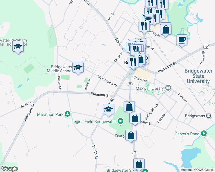 map of restaurants, bars, coffee shops, grocery stores, and more near 44 Mount Prospect Street in Bridgewater