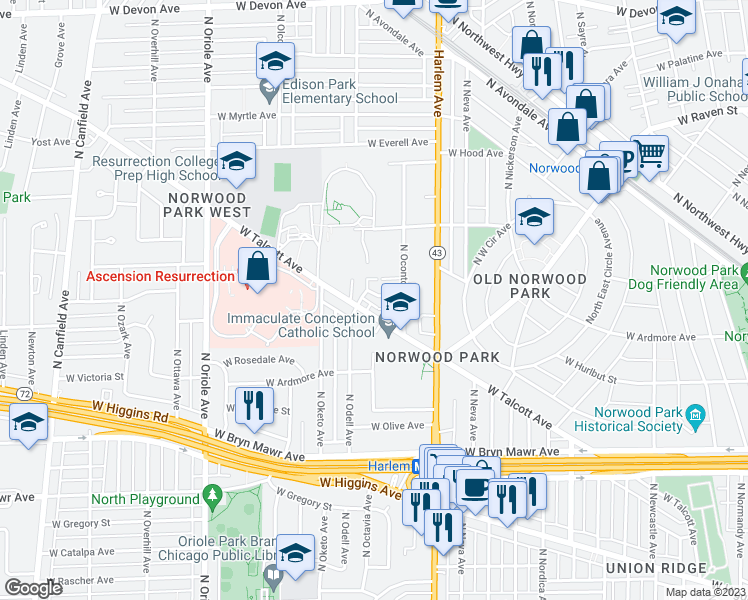 map of restaurants, bars, coffee shops, grocery stores, and more near 7271 West Thorndale Avenue in Chicago