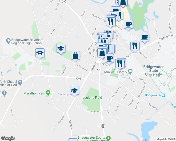 map of restaurants, bars, coffee shops, grocery stores, and more near 13 Mount Prospect Street in Bridgewater