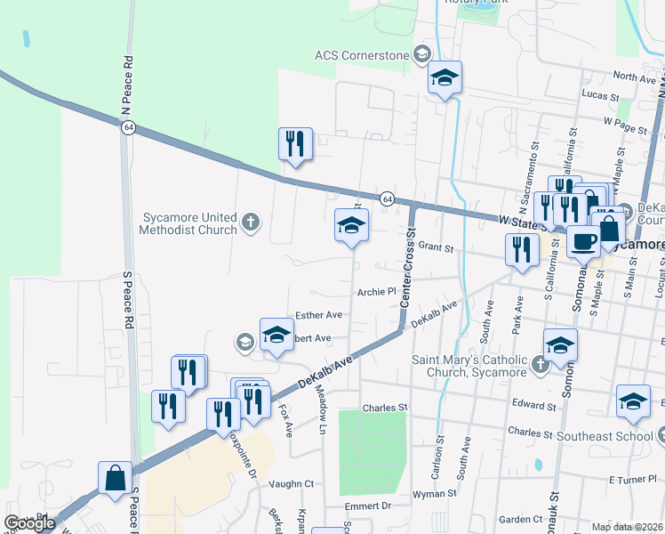 map of restaurants, bars, coffee shops, grocery stores, and more near 845 Sunset Lane in Sycamore