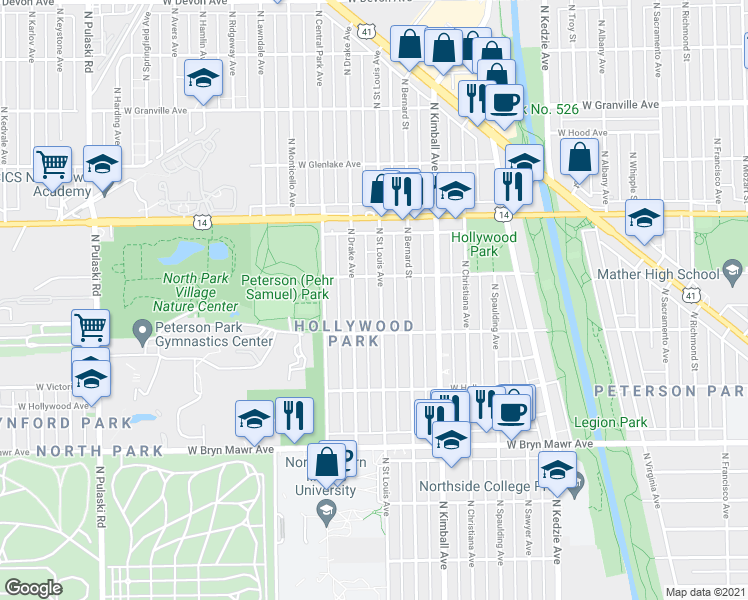 map of restaurants, bars, coffee shops, grocery stores, and more near 5834 North Saint Louis Avenue in Chicago