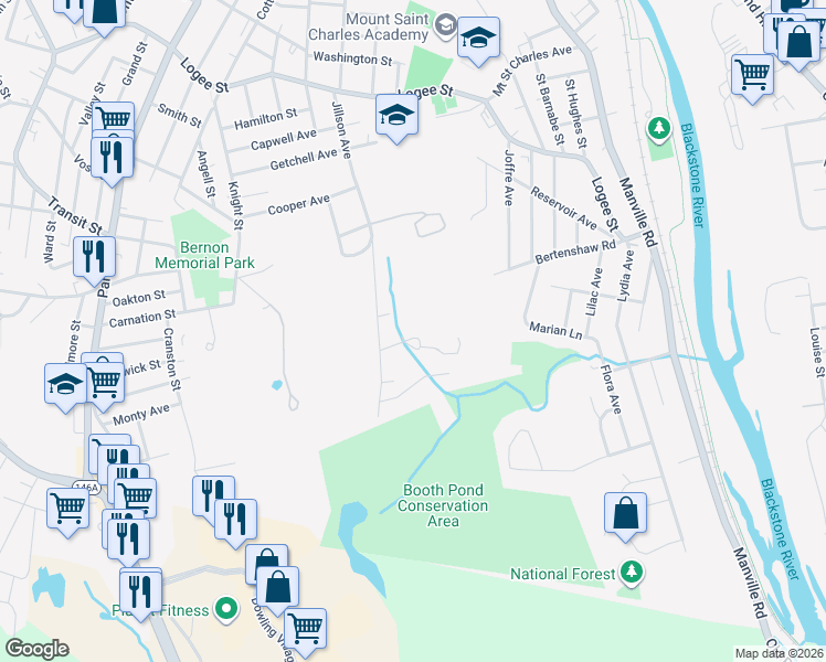 map of restaurants, bars, coffee shops, grocery stores, and more near 58 Roy Avenue in Woonsocket