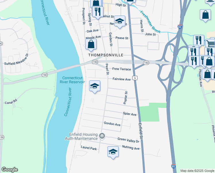 map of restaurants, bars, coffee shops, grocery stores, and more near 243C Pearl Street in Enfield