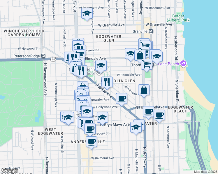 map of restaurants, bars, coffee shops, grocery stores, and more near 1421 West Ardmore Avenue in Chicago
