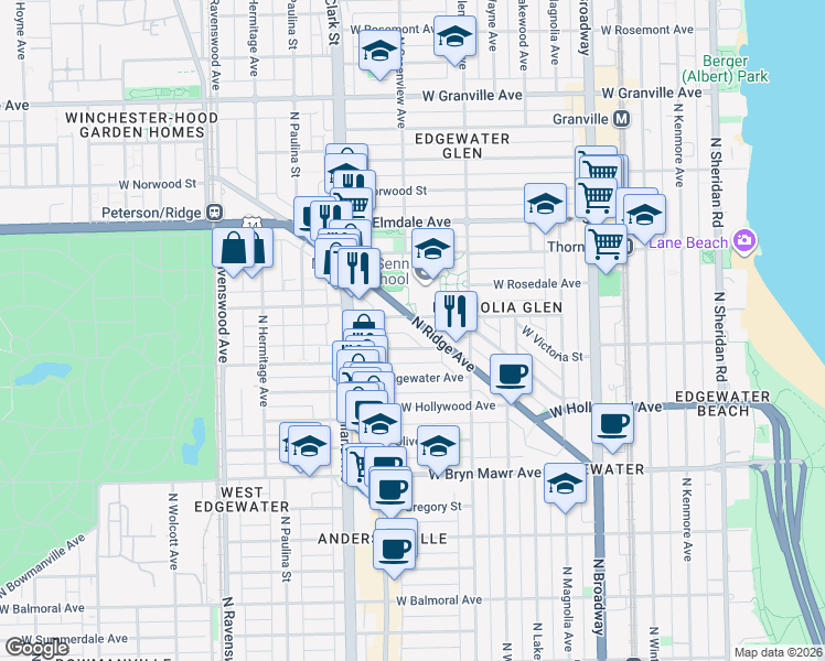 map of restaurants, bars, coffee shops, grocery stores, and more near 5840 North Ridge Avenue in Chicago