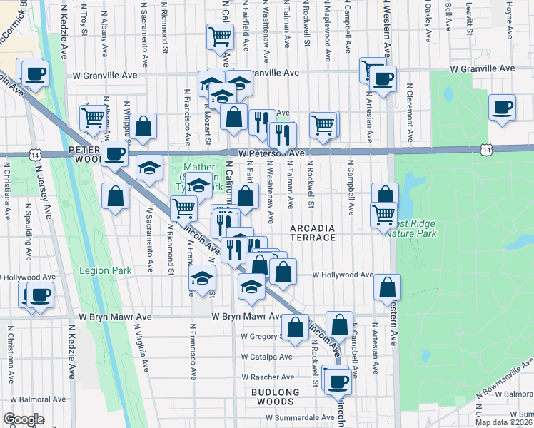 map of restaurants, bars, coffee shops, grocery stores, and more near 5842 North Washtenaw Avenue in Chicago