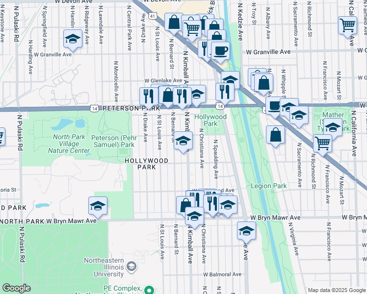 map of restaurants, bars, coffee shops, grocery stores, and more near 5842 North Kimball Avenue in Chicago