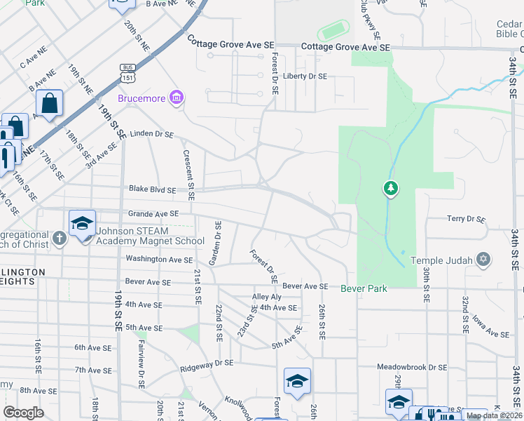 map of restaurants, bars, coffee shops, grocery stores, and more near 328 Forest Dr SE in Cedar Rapids