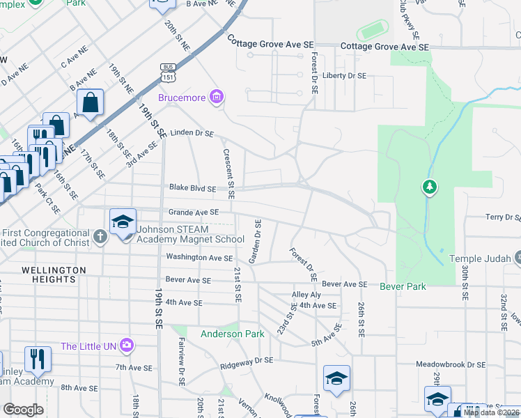 map of restaurants, bars, coffee shops, grocery stores, and more near 2151 Blake Boulevard Southeast in Cedar Rapids