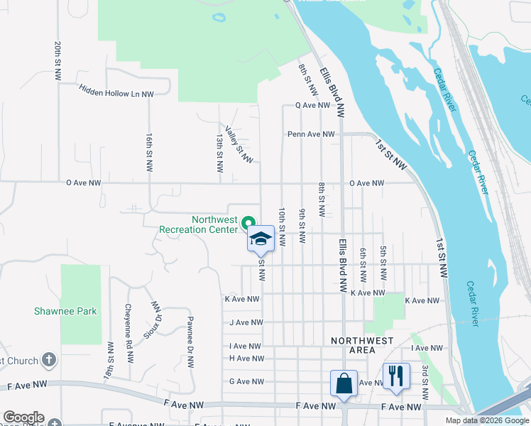 map of restaurants, bars, coffee shops, grocery stores, and more near 1101-1133 North Avenue Northwest in Cedar Rapids