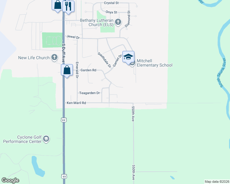 map of restaurants, bars, coffee shops, grocery stores, and more near 702 Garden Road in Ames