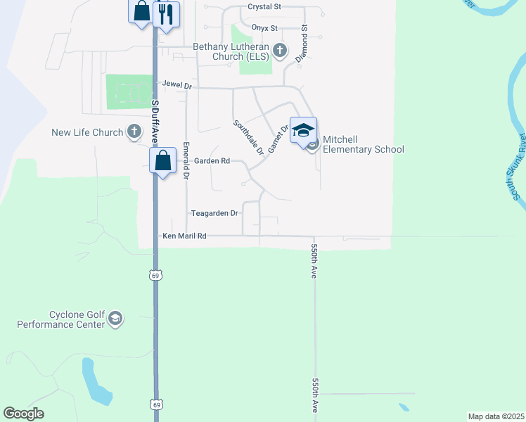 map of restaurants, bars, coffee shops, grocery stores, and more near 702 Garden Road in Ames