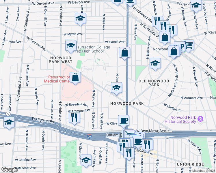 map of restaurants, bars, coffee shops, grocery stores, and more near 7273 West Thorndale Avenue in Chicago