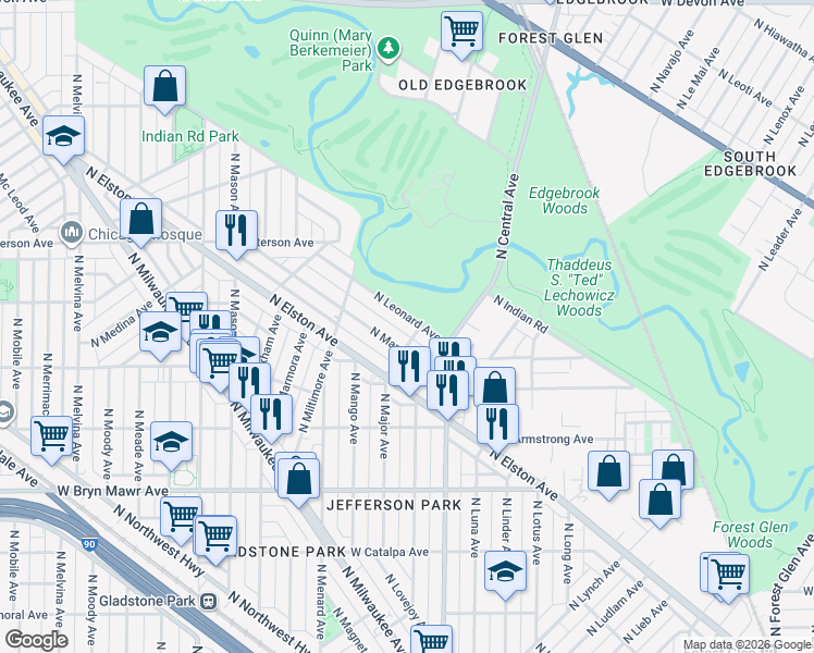 map of restaurants, bars, coffee shops, grocery stores, and more near 5806 North Leonard Avenue in Chicago