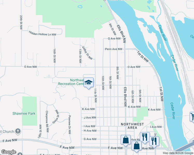 map of restaurants, bars, coffee shops, grocery stores, and more near 1101-1133 North Avenue Northwest in Cedar Rapids