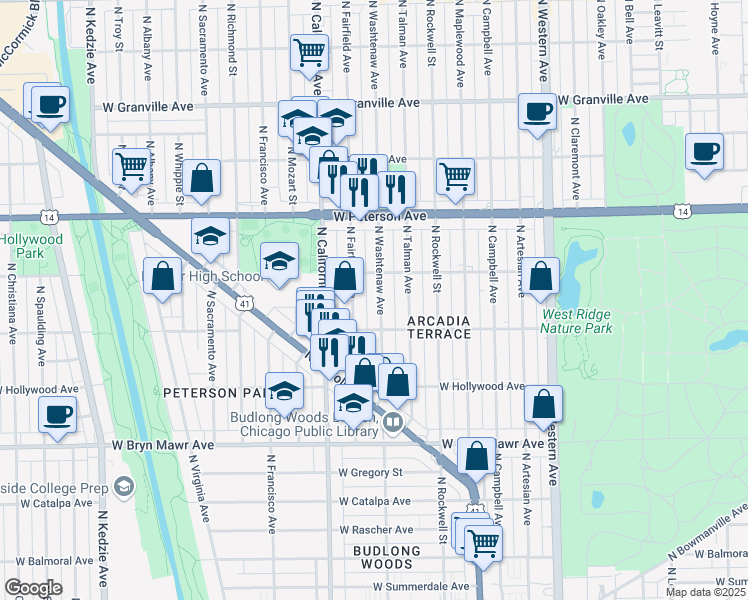 map of restaurants, bars, coffee shops, grocery stores, and more near 5830 North Washtenaw Avenue in Chicago