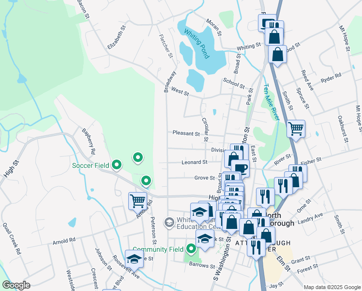 map of restaurants, bars, coffee shops, grocery stores, and more near 111 Division Street in North Attleborough