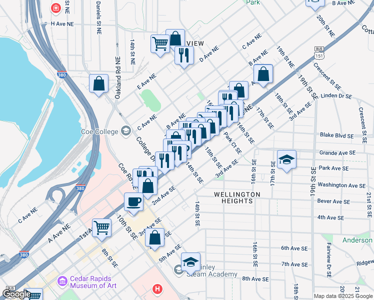 map of restaurants, bars, coffee shops, grocery stores, and more near 1430 1st Avenue Northeast in Cedar Rapids