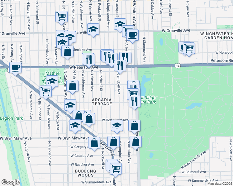 map of restaurants, bars, coffee shops, grocery stores, and more near 5841 North Maplewood Avenue in Chicago