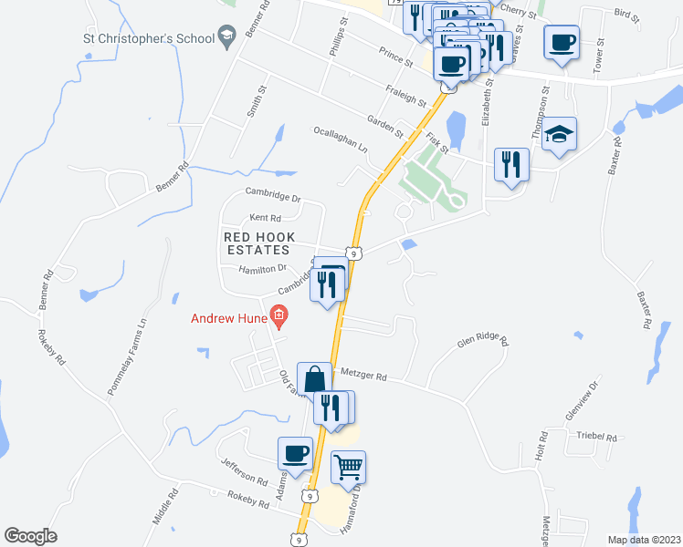 map of restaurants, bars, coffee shops, grocery stores, and more near 7351 South Broadway in Red Hook