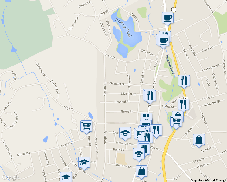 map of restaurants, bars, coffee shops, grocery stores, and more near 111 Division Street in North Attleborough