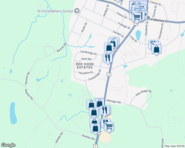 map of restaurants, bars, coffee shops, grocery stores, and more near 3 Hamilton Drive in Red Hook