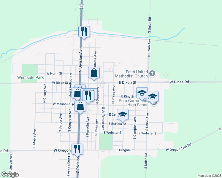 map of restaurants, bars, coffee shops, grocery stores, and more near 210 North Praire Avenue in Polo