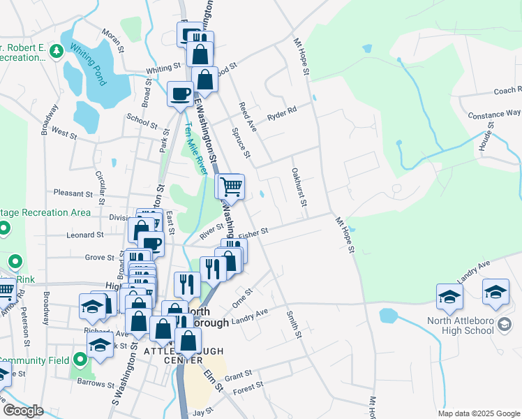 map of restaurants, bars, coffee shops, grocery stores, and more near 182 Smith Street in North Attleborough