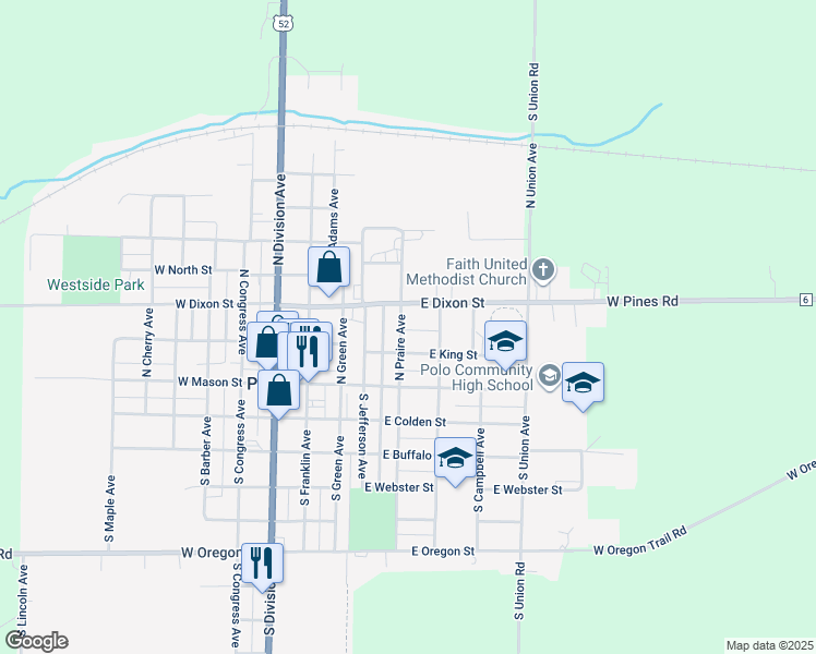 map of restaurants, bars, coffee shops, grocery stores, and more near 210 North Praire Avenue in Polo