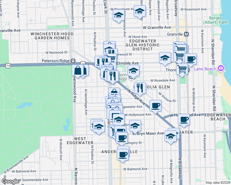 map of restaurants, bars, coffee shops, grocery stores, and more near 1539 W Ardmore Ave in Chicago