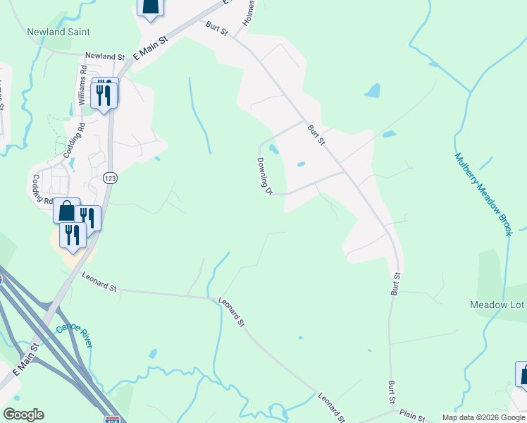map of restaurants, bars, coffee shops, grocery stores, and more near 15 Downing Drive in Norton