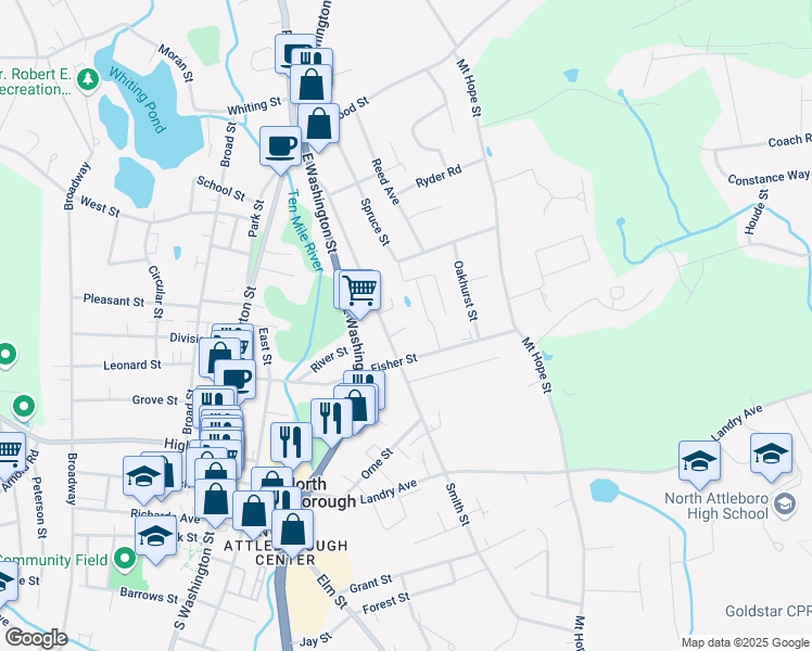 map of restaurants, bars, coffee shops, grocery stores, and more near 182 Smith Street in North Attleborough