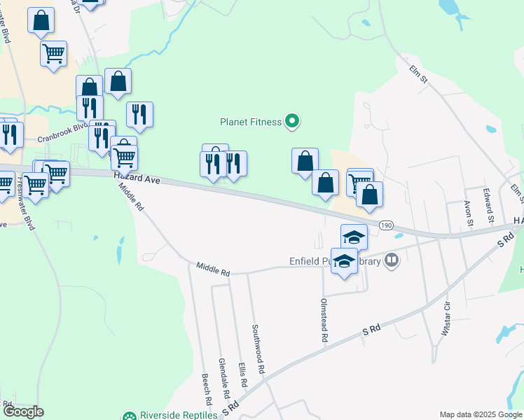 map of restaurants, bars, coffee shops, grocery stores, and more near 110 Hazard Avenue in Enfield