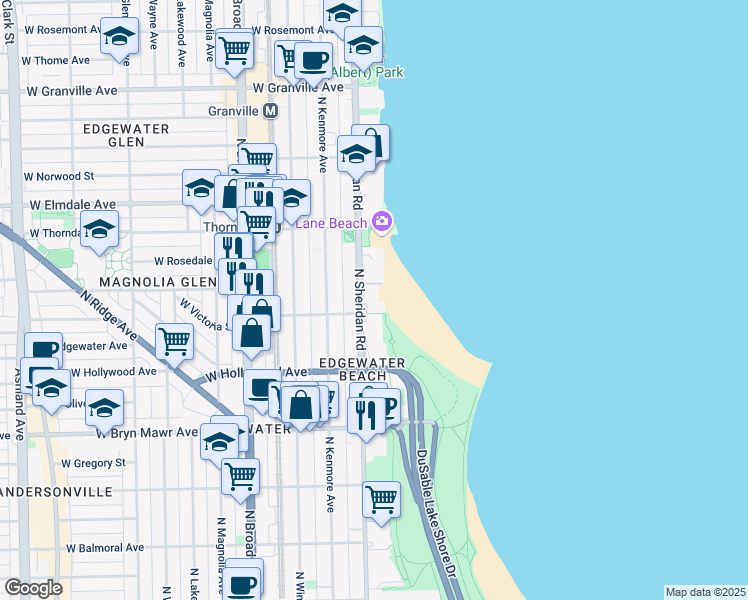 map of restaurants, bars, coffee shops, grocery stores, and more near 5818 North Sheridan Road in Chicago